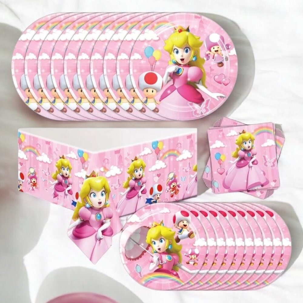 Princess Peach Party Supplies – Tableware Set with Plates, Napkins & Tablecloth,